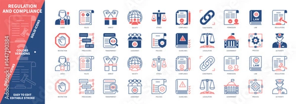 Obraz Regulation icon set. Authority, Judgement, Government, Rules, Procedures, Restriction, Policy, Legislation. Duotone color solid and editable outline icons