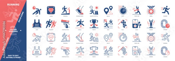Obraz Running icon set. Sprint, Stadium, Overcoming, Route, Trophy, Winner, Cardio, Starting Pistol. Duotone color solid and editable outline icons