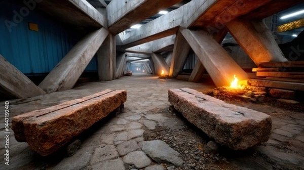 Obraz Modern architectural structure under construction with large concrete beams, fire lighting, and rugged flooring