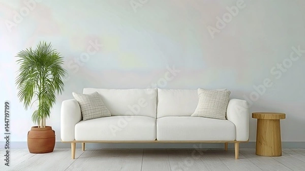 Fototapeta The Scandinavian-inspired living room combines functionality and elegance, with a cozy white sofa and sleek side tables set against a plain background for stylish home decor presentations.