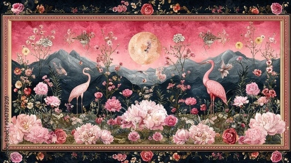 Obraz Enchanting tapestry landscape with pink flamingos amidst blooming rose gardens mountains and a warm lunar glow evoking serenity and whimsy