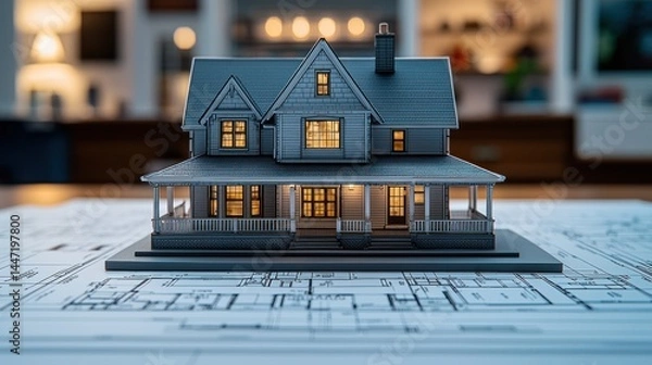 Fototapeta Miniature house model on blueprint plans