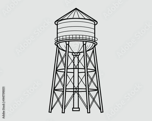 Fototapeta Water Tower Line Drawing for Kids – Bold Black and White Coloring Page Vector