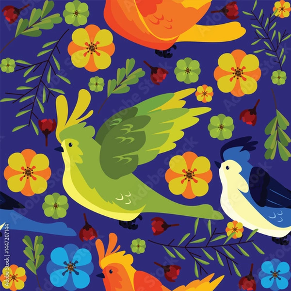 Fototapeta Vector spring bird pattern illustration 