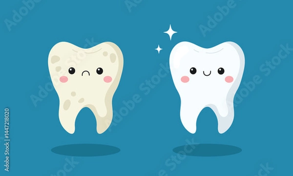 Obraz Cute happy clean white tooth and sad dirty tooth character. Tooth before and after whitening or cleaning. Vector illustration