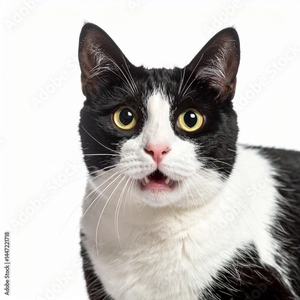 Obraz Shocked Tuxedo Cat on White Background