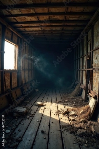 Fototapeta Sunlit Dust Motes Illuminate the Interior of an Abandoned Wooden Vessel, Revealing a Floor Scattered with Debris and Hints of Decay