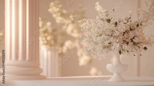Fototapeta Elegant vase with white flowers in a light, classical setting