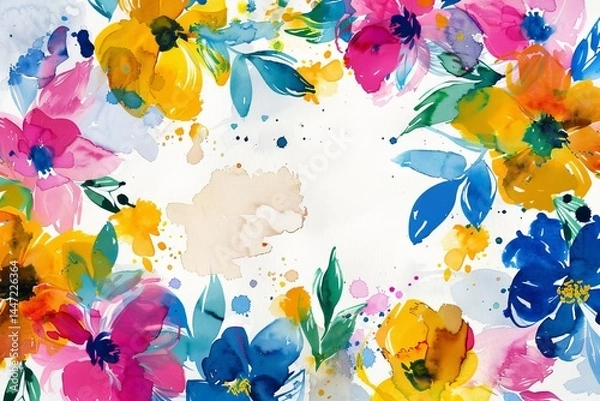 Fototapeta Whimsical abstract watercolor floral illustration with vibrant, loosely painted flowers in bold colors with place for text in center. AI generative