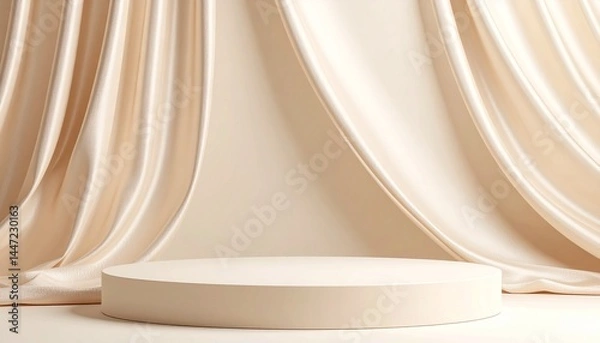 Fototapeta Round podium display with elegant cream colored fabric background presentation