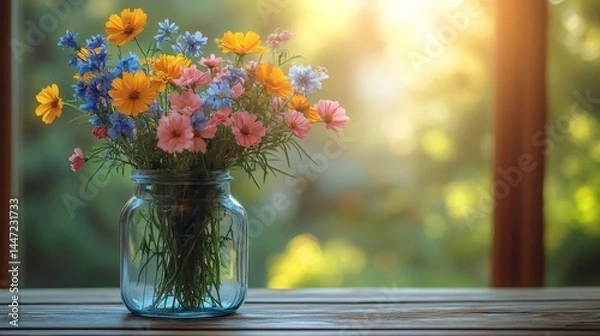 Fototapeta Colorful wildflower bouquet in vintage mason jar graces rustic wooden surface, soft light streams in, creating warmth. on a transparent background, PNG image, PNG file.