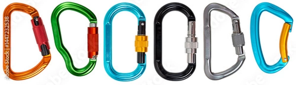 Fototapeta Isolated collection of climbing aluminium colorful carabiners on white background