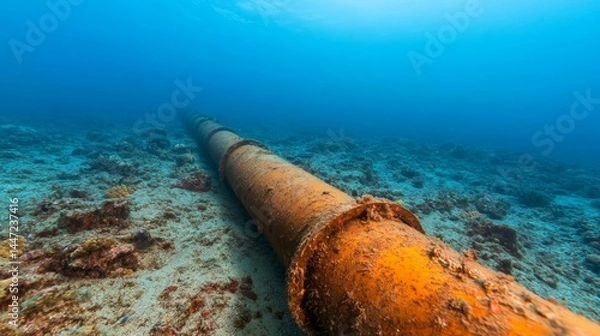 Obraz An isolated rusty pipe lies on the sandy seabed, encrusted with marine life and surrounded by scattered coral fragments, capturing the beauty of underwater ecosystems