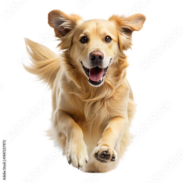 Fototapeta Happy golden retriever running towards the viewer happily isolated on transparent background.