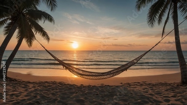 Fototapeta Hammock between palm trees on a tropical beach at sunset, sea view