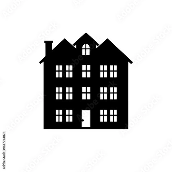 Obraz Detailed black icon of two attached residential houses with multiple windows and pitched roofs for real estate or urban housing concepts