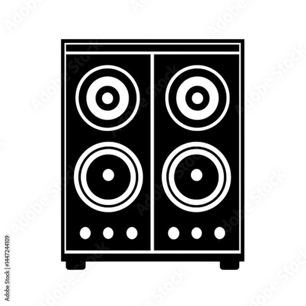 Fototapeta Large stereo speaker icon in bold black with four circular speaker cones for powerful audio, bass systems, or DJ equipment design