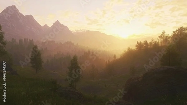Fototapeta Mountains at sunrise, realistic, cinematic light, sharp focus.