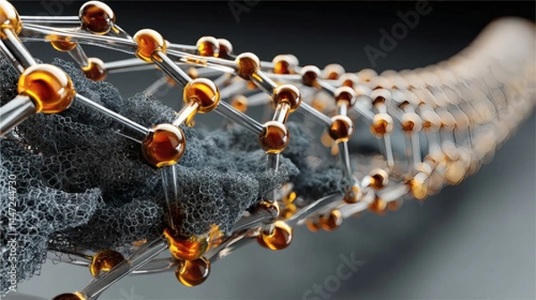 Obraz Abstract molecular structure with orange spheres and metallic links
