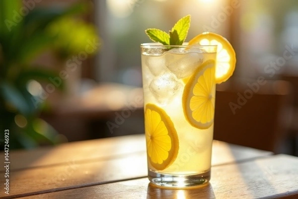 Fototapeta Refreshing glass of lemonade with ice cubes and lemon slices, garnished with mint leaves, sits on wooden table. Summer-themed content, food photography, advertisements, and beverage branding.