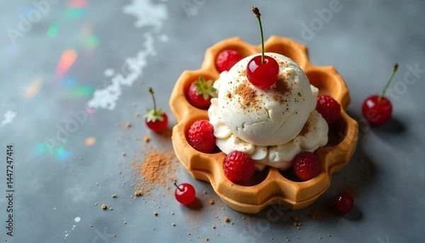 Fototapeta top view of delicious ice cream with waffles and strawberries near cherries on marble grey