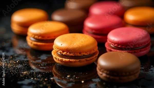 Fototapeta top view of delicious fresh colorful French macaroons of different flavors isolated on black,