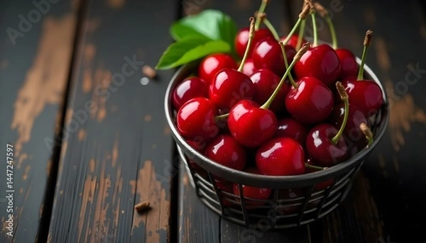 Fototapeta red delicious wet cherries in metal basket on wooden dark table isolated on black