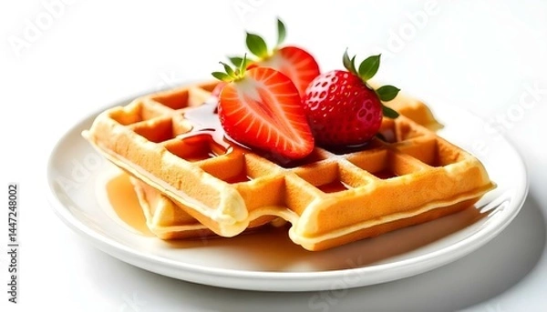Fototapeta viennese waffles with strawberry and sweet syrup isolated on white background