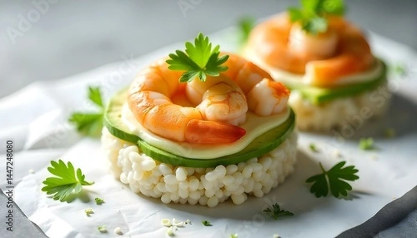 Fototapeta Rice cakes with cream cheese, shrimp, avocado and parsley top view isolated on white background