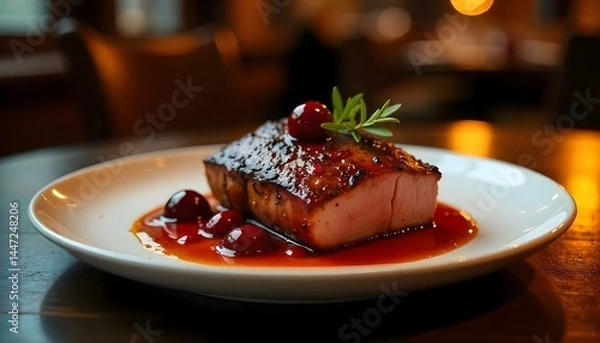 Fototapeta grilled duck meat with cherry sauce