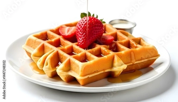 Fototapeta viennese waffles with strawberry and sweet syrup isolated on white background