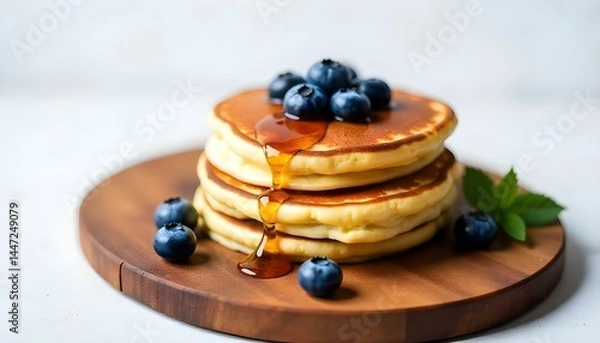 Fototapeta Pancakes with blueberries and syrup Isolated on white background