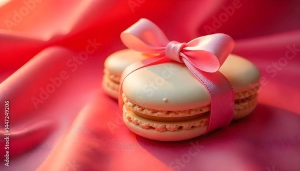 Fototapeta delicious colorful french macaroons wrapped in ribbon with bow on red background