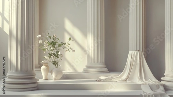 Fototapeta Elegant white columns, soft light, flowers