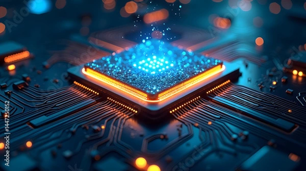 Obraz A highly detailed quantum computer processor core glowing with blue and gold energy patterns, surrounded by microchip circuits and superconducting wires,