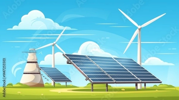 Fototapeta Solar panel and wind power generation system vector image