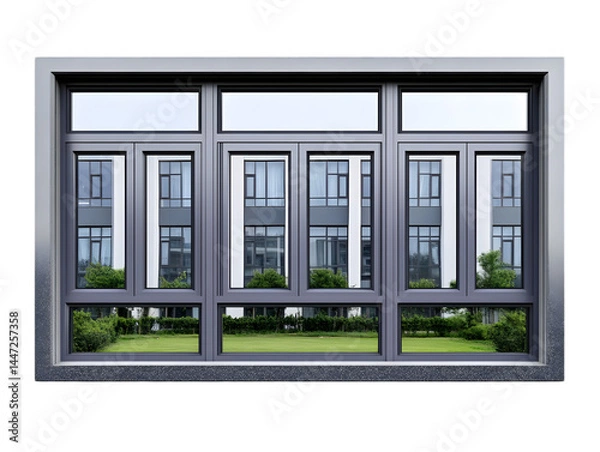 Fototapeta Realistic Illustration Of Gray Window With View Of Cityscape And Green Landscape - Isolated Background