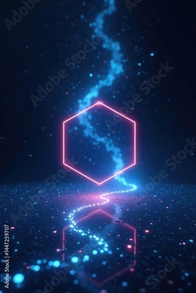 Fototapeta Abstract Hexagon Portal with Glowing Blue and Pink Particles and Light Trails