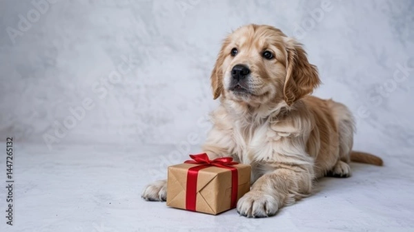 Fototapeta Cute photorealistic portrait of a Golden Retriever puppy sitting and looking curiously upwards. It has a small, neatly wrapped gift box 