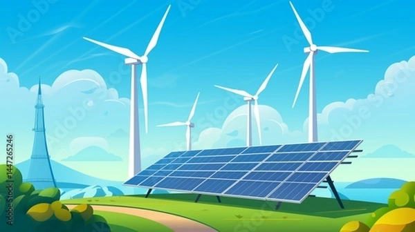 Fototapeta Solar panel and wind power generation system vector image