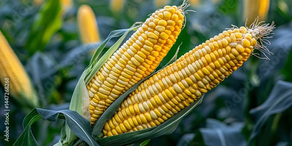 Fototapeta Close-up of two ripe ears of corn in a field. Golden kernels and lush green leaves.