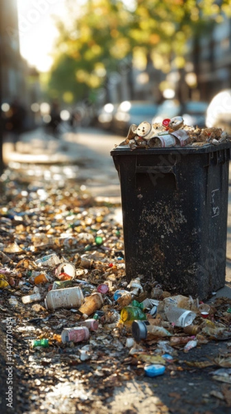 Obraz Overflowing rubbish bin with scattered trash on urban street in sunlight, showing pollution and neglect in city environment