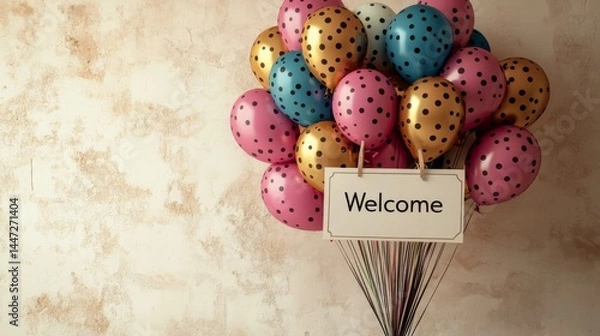 Fototapeta Festive Welcome: A Bouquet of Polka Dot Balloons with a Greeting Card on Textured Background