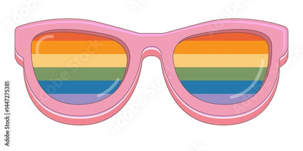 Fototapeta LGBT PINK sunglasses retro groovy hipster style with pride rainbow lens and white frame isolated on white background. Retro vintage Pride day, LGBT and LGBTQ sunglasses icon, sticker, poster and label