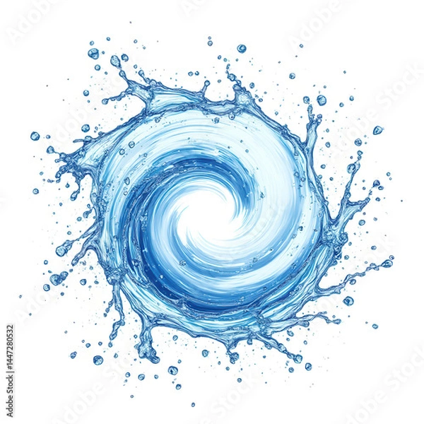 Fototapeta A swirling blue water vortex with dynamic splashes radiating outward in a circular motion.