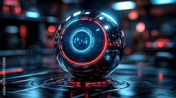 Fototapeta Futuristic metallic sphere with vibrant blue and red illuminated display rests on a sleek dark surface  Intricate detai