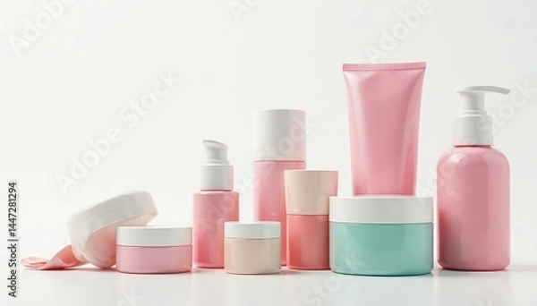 Obraz Various cosmetic containers on pristine white backdrop, image, cosmetic