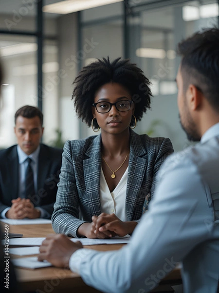 Fototapeta Conversation, business people and meeting or interview in office with a black woman as leader. A serious African female entrepreneur with employee talking for advice, idea or communication at work