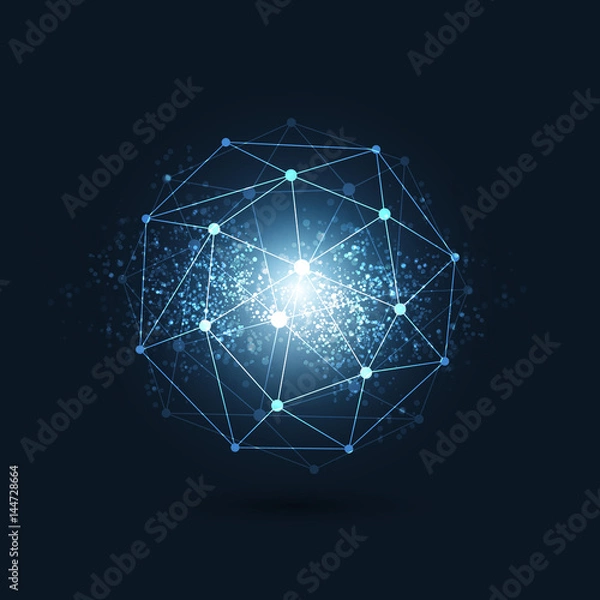 Fototapeta Cloud Computing, Digital Networks Structure, Telecommunications Concept Design, Modern Style Global Network Connections, Transparent Geometric Globe Wireframe with Sparkling Background