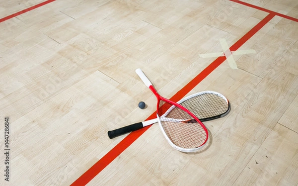 Fototapeta Two rackets and two squash balls lie on the parquet floor. Horizontal photo